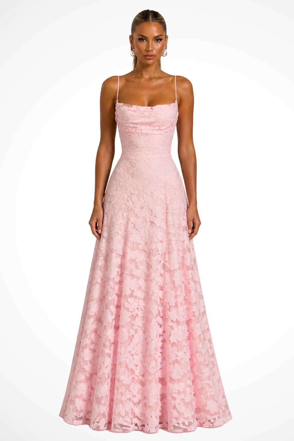 Maxikleid mit floralem Brokatmuster und Spaghettiträgern für Hochzeitsgäste