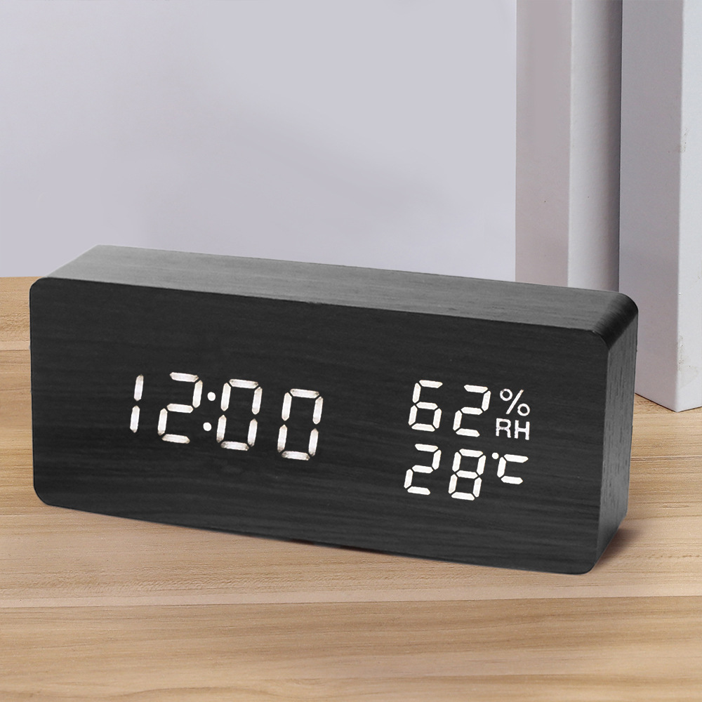 Modern digital wooden LED alarm clock with temperature display
