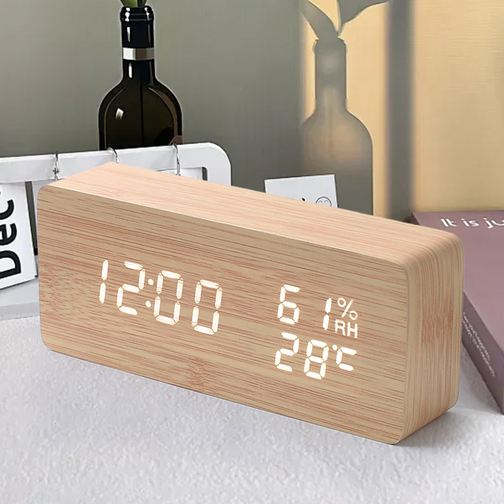 Modern digital wooden LED alarm clock with temperature display