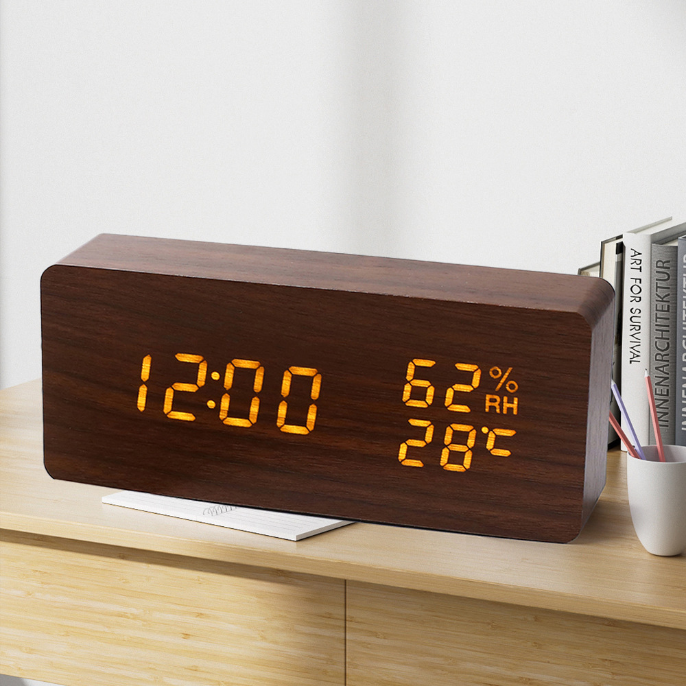 Modern digital wooden LED alarm clock with temperature display