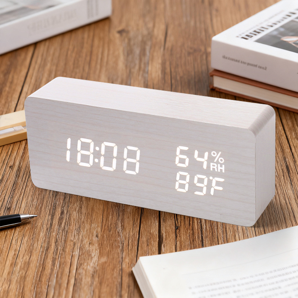 Modern digital wooden LED alarm clock with temperature display