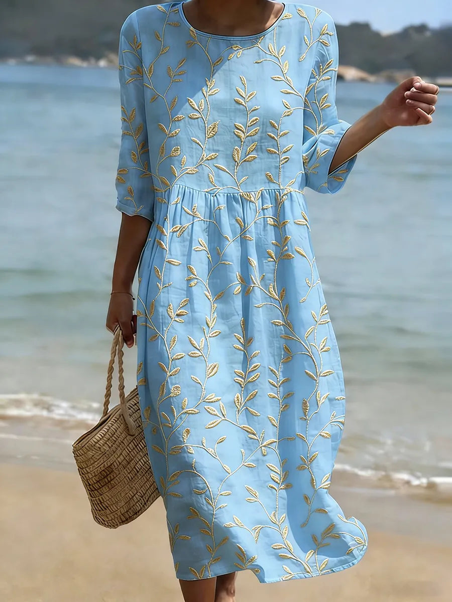 Midi-Kleid mit Blumenmuster und Rundhalsausschnitt | Leichtes Sommerkleid für Freizeit und Urlaub | Florales Print-Kleid