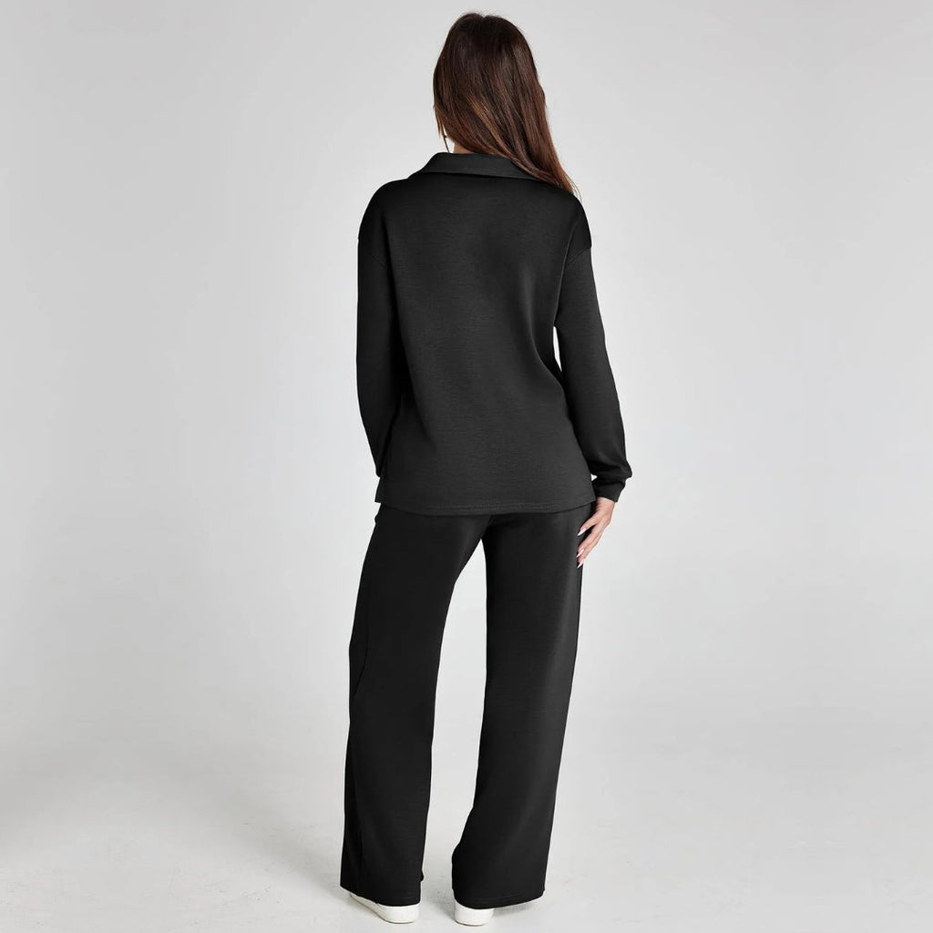 Damen Loungewear Set mit V-Ausschnitt Pullover und Weit Geschnittener Hose | Bequemer Hausanzug für Alltag und Freizeit