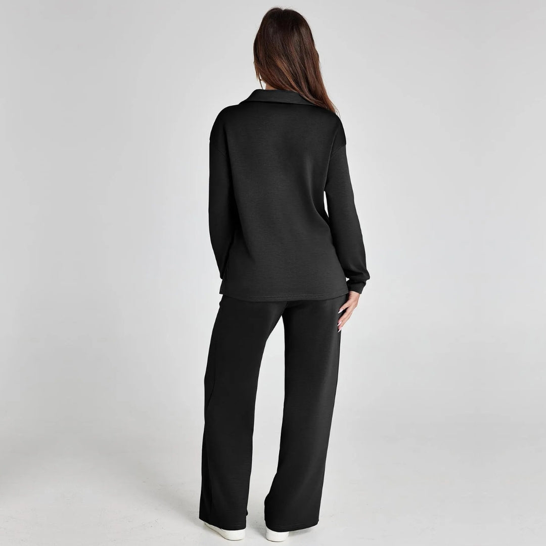 Damen Loungewear Set mit V-Ausschnitt Pullover und Weit Geschnittener Hose | Bequemer Hausanzug für Alltag und Freizeit