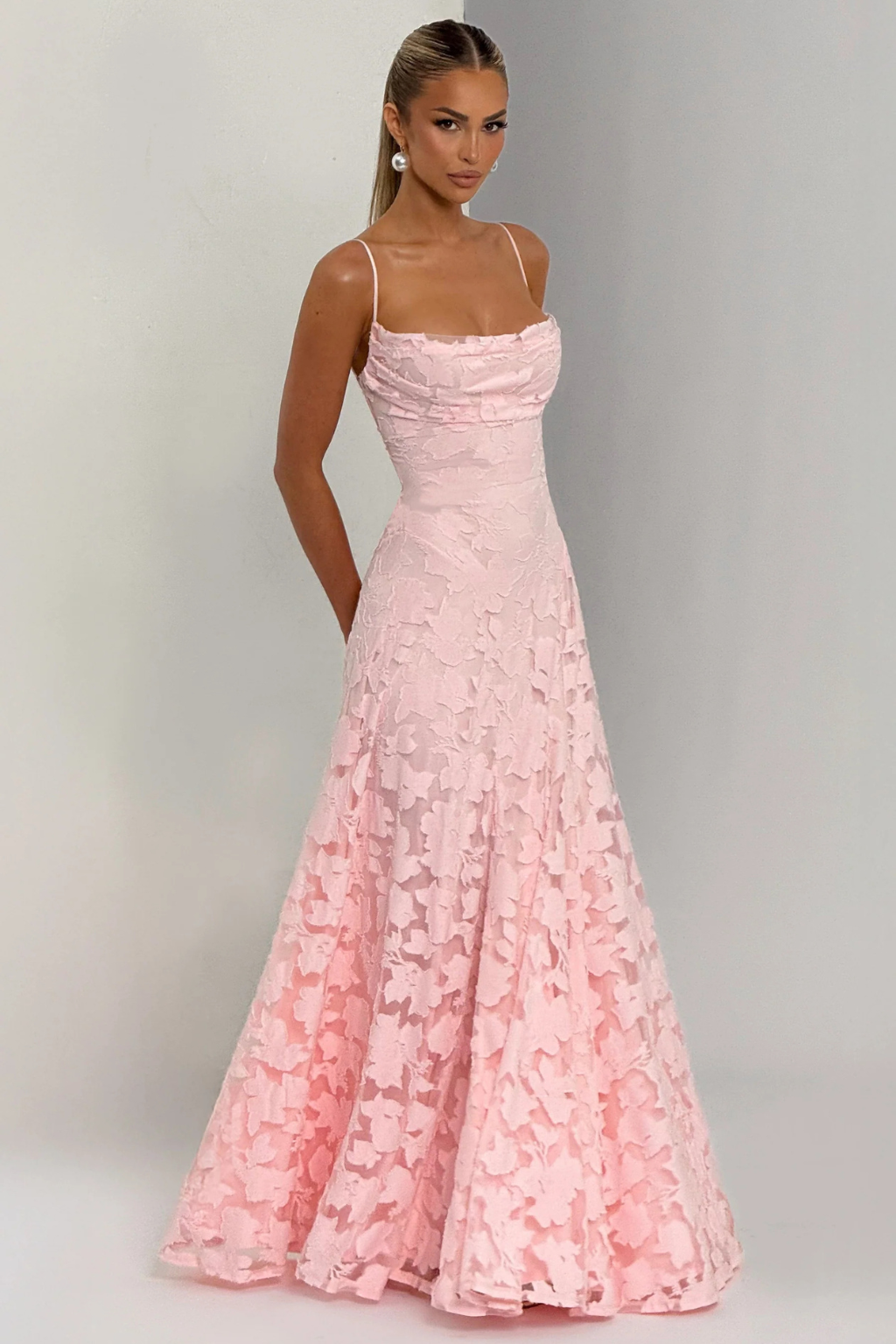 Maxi Dress for Wedding Guests | Women's Dress with Floral Brocade Pattern & Spaghetti Straps | Festive Long Evening Dress