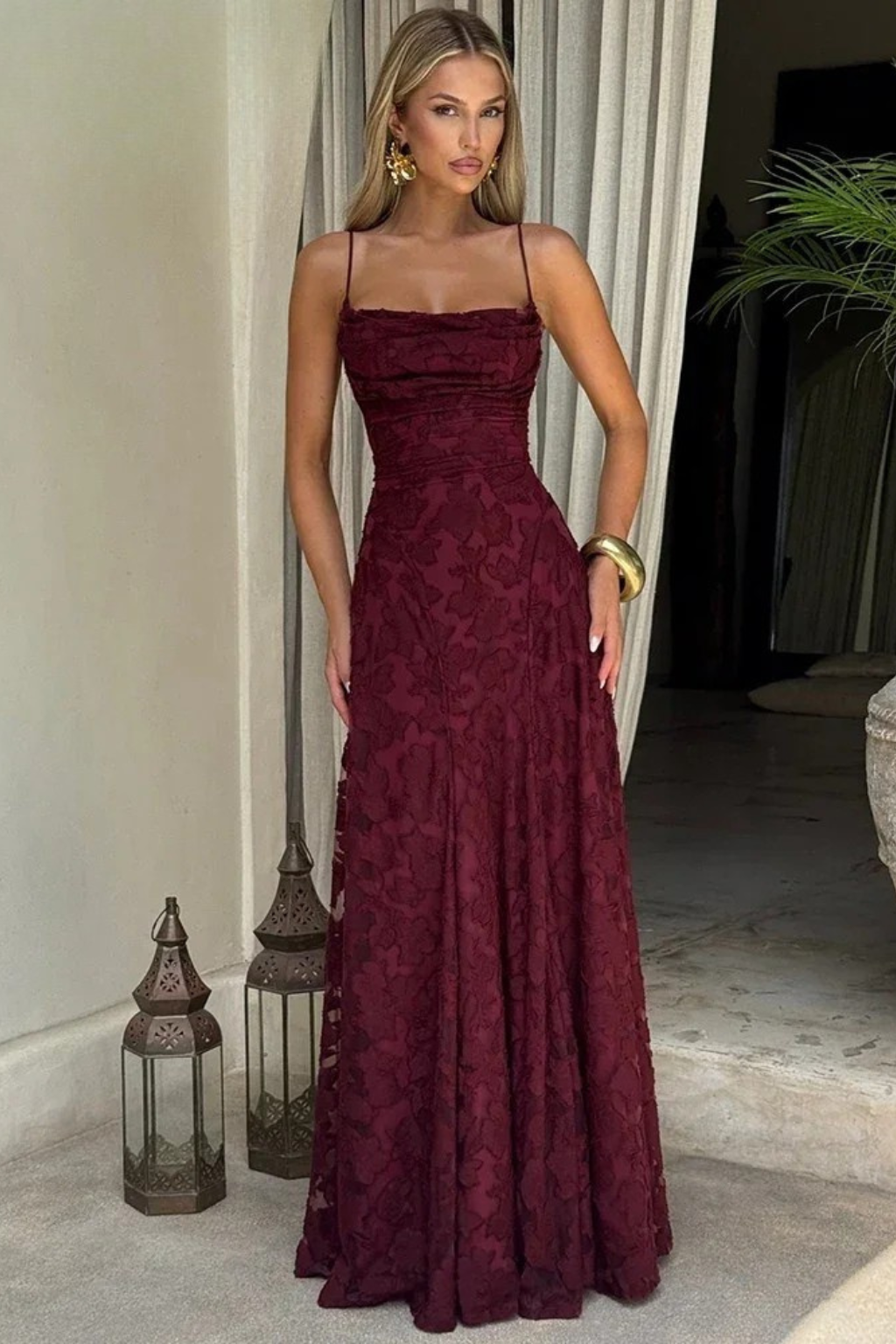 Women's Maxi Dress with Spaghetti Straps and Floral Jacquard | Backless Evening Dress with Lacing for Festive Occasions
