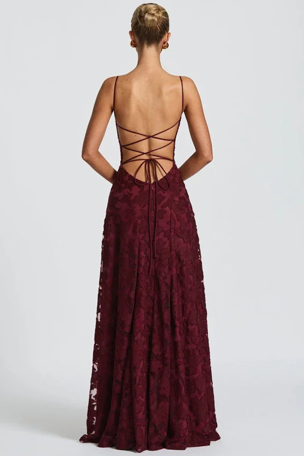 Women's Maxi Dress with Spaghetti Straps and Floral Jacquard | Backless Evening Dress with Lacing for Festive Occasions