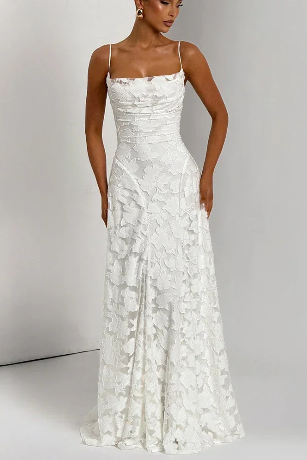 Women's Maxi Dress with Spaghetti Straps and Floral Jacquard | Backless Evening Dress with Lacing for Festive Occasions