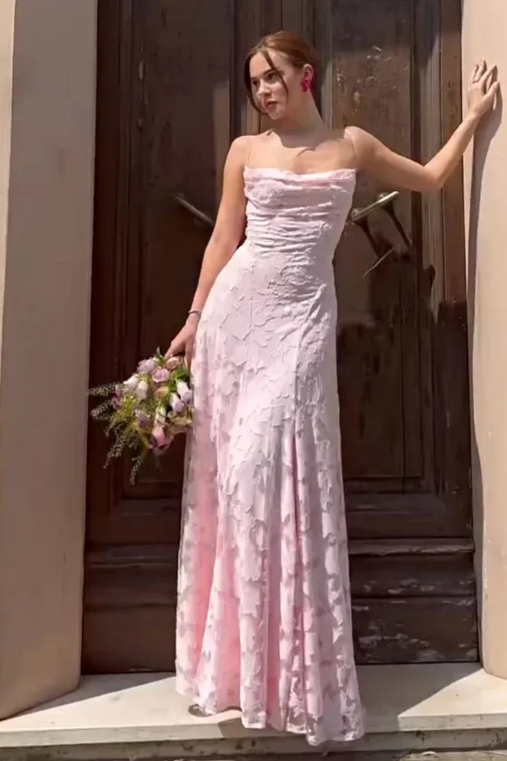 Women's Maxi Dress with Spaghetti Straps and Floral Jacquard | Backless Evening Dress with Lacing for Festive Occasions
