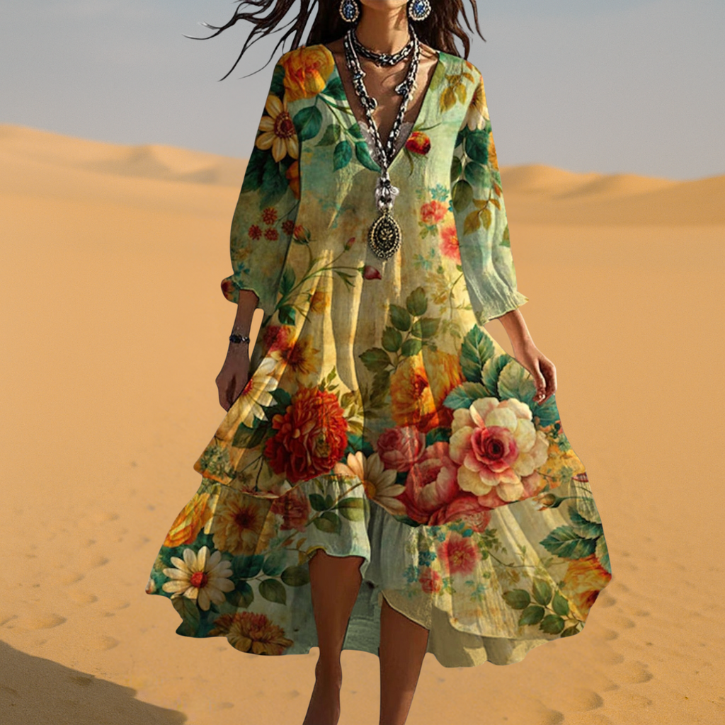 Boho-Kleid für Damen | Florales Midikleid mit V-Ausschnitt und 3/4-Ärmeln