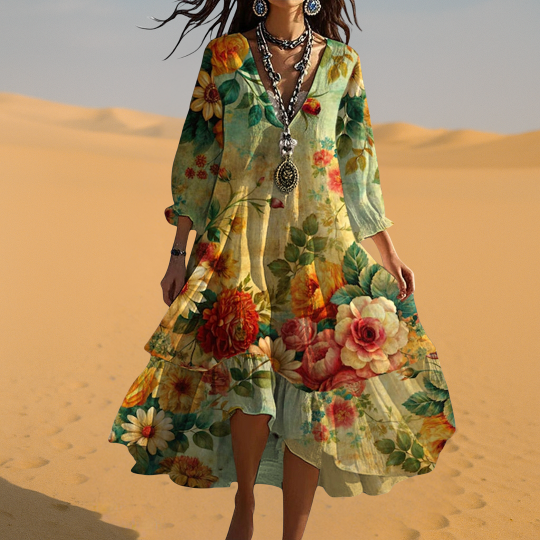 Boho-Kleid für Damen | Florales Midikleid mit V-Ausschnitt und 3/4-Ärmeln