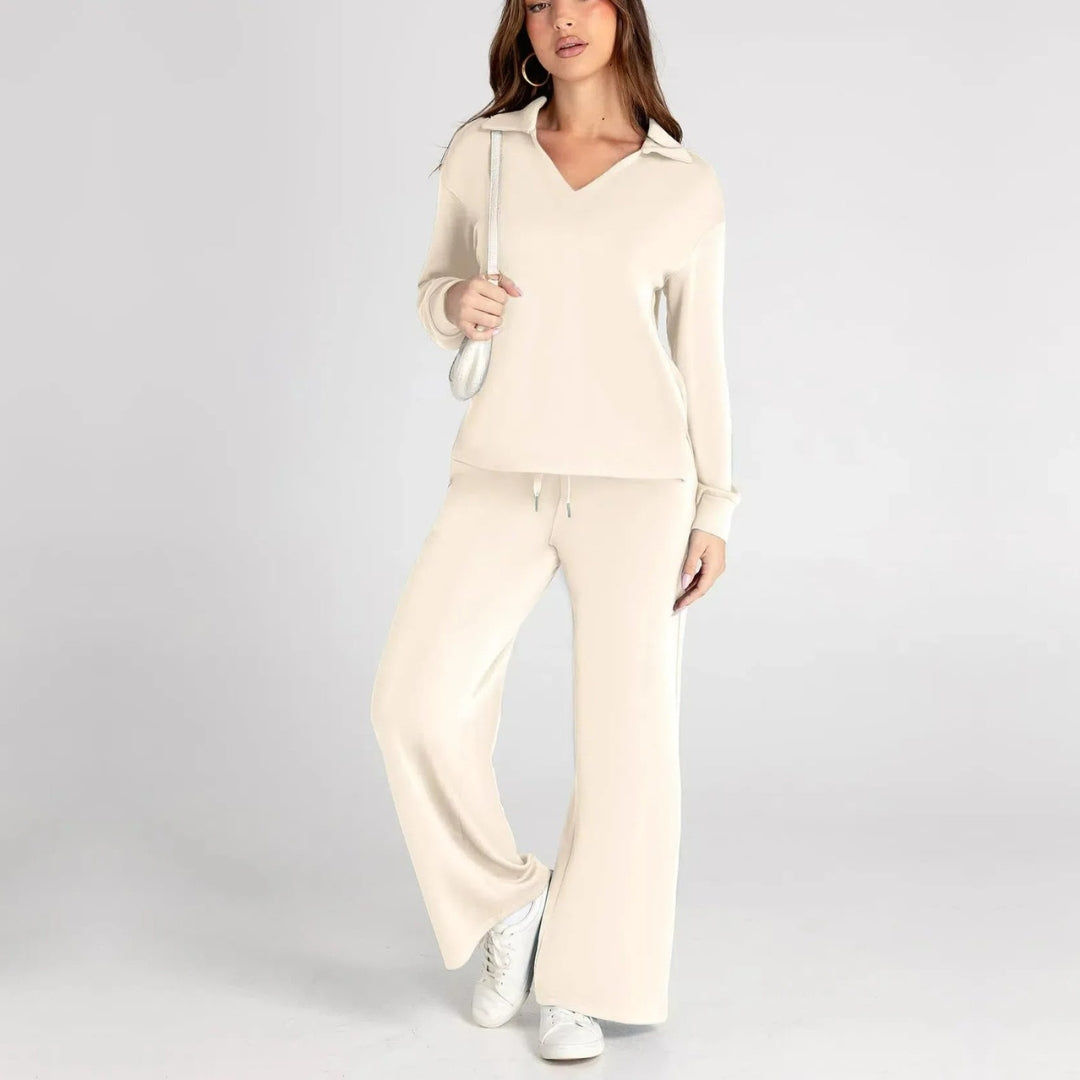 Damen Loungewear Set mit V-Ausschnitt Pullover und Weit Geschnittener Hose | Bequemer Hausanzug für Alltag und Freizeit