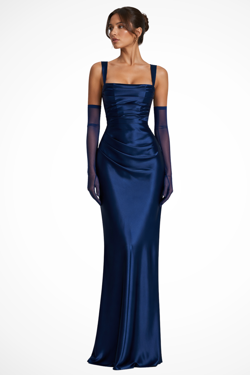 Maxikleid Damen für Hochzeitsgäste mit Carré-Ausschnitt und Raffung – Elegantes Abendkleid inklusive Handschuhen und Choker
