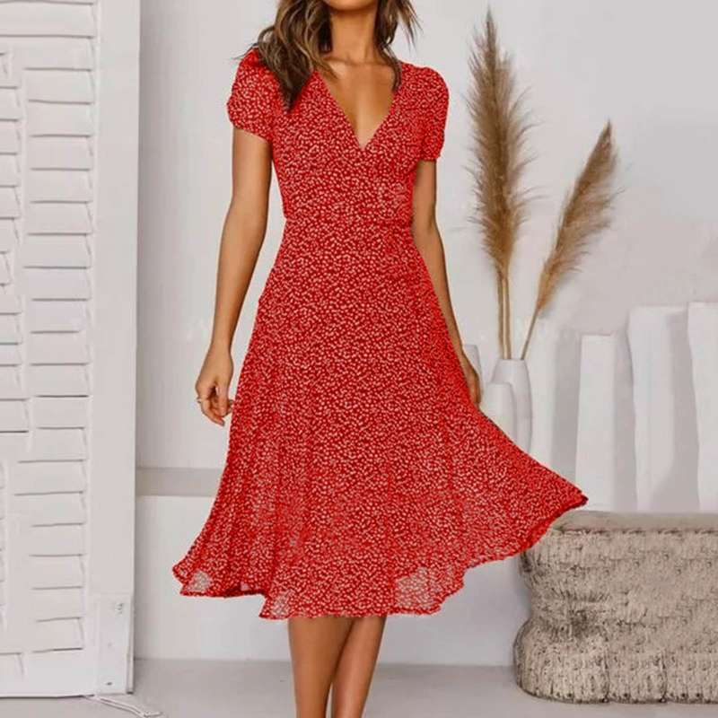 Damen Sommerkleid in A-Linie mit V-Ausschnitt | Luftiges Freizeitkleid aus leichtem Stoff für warme Tage und den Urlaub
