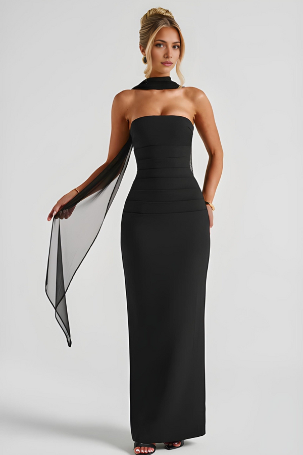 Trägerloses Maxi-Bodycon-Cocktailkleid für Damen mit Schal