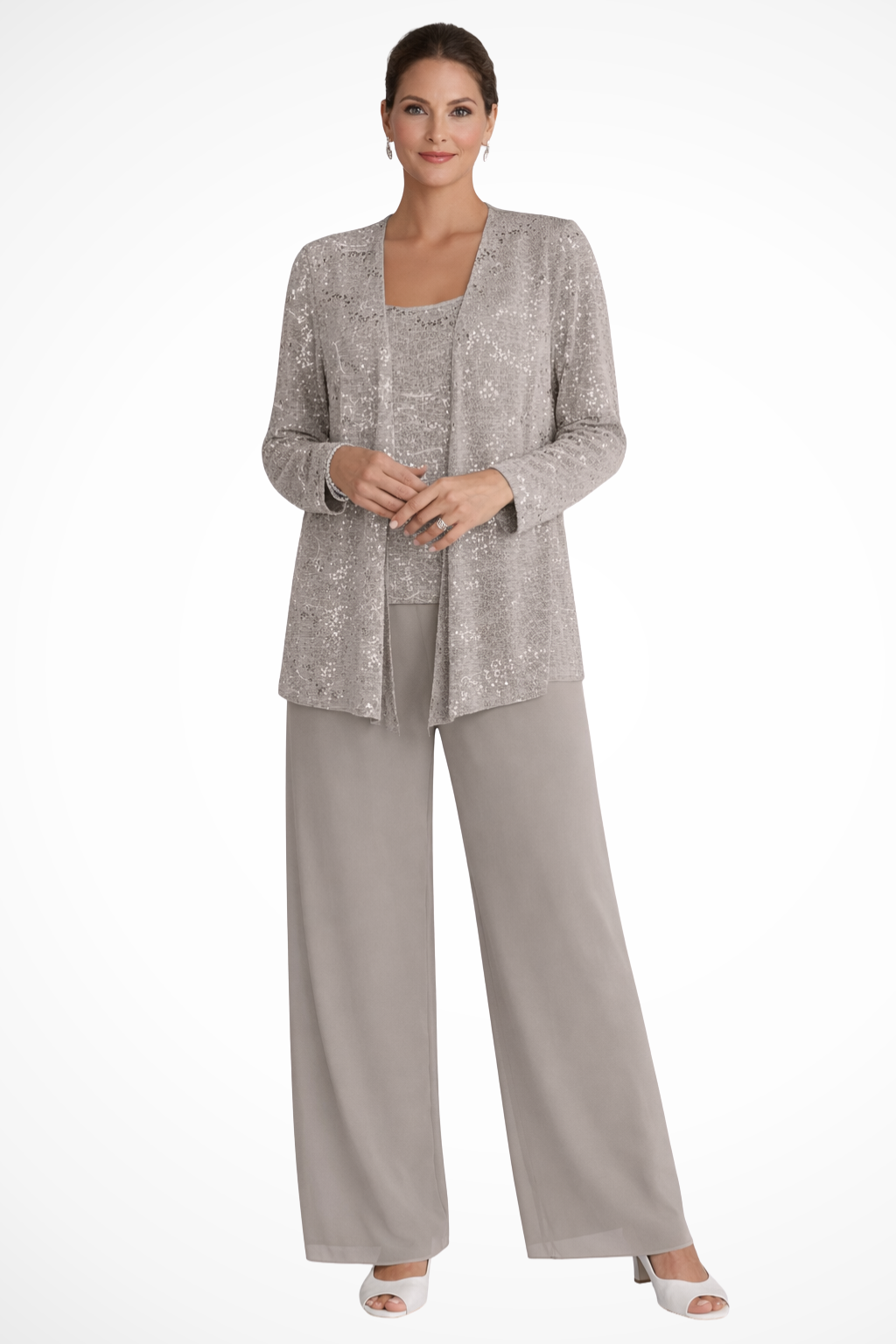 Women's 3-Piece Formal Pantsuit | Set with Sequin Lace Jacket and Wide-Leg Pants | Elegant Outfit for Wedding Guests