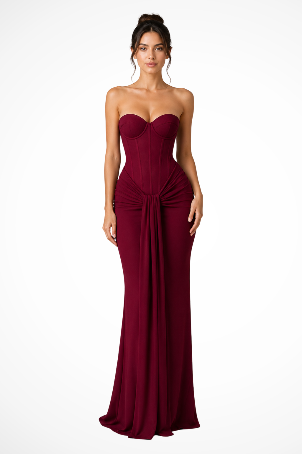 Damen Maxikleid für Hochzeitsgäste | Trägerloses Corsagenkleid mit Spitze und drapierter Optik | Festliches Abendkleid Bodenlang