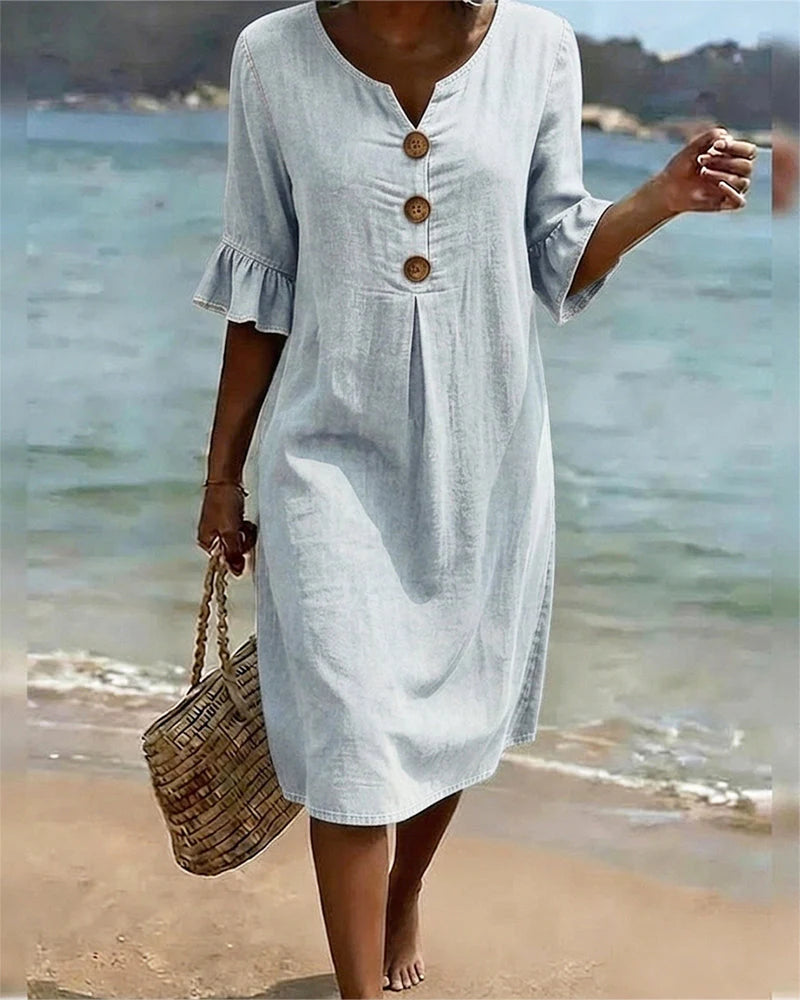 Women's Denim Dress | Loose Summer Dress with Button Placket | Comfortable Midi Dress with Half Sleeves and Round Neckline