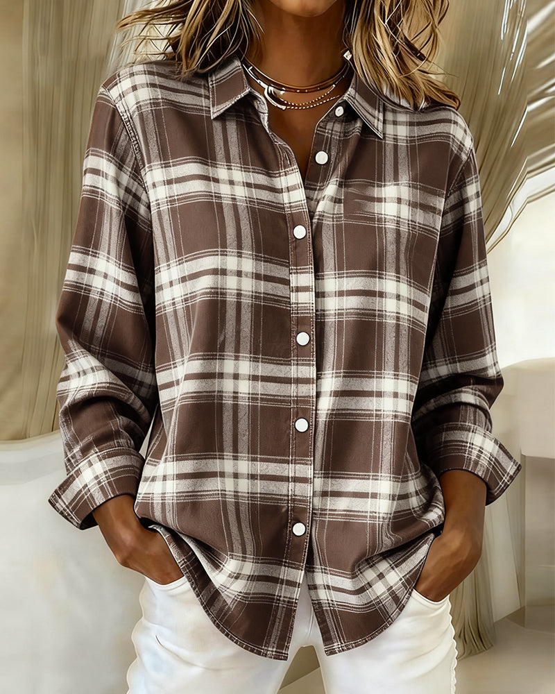 Chemise femme à carreaux col revers | Élégante & confortable - Café