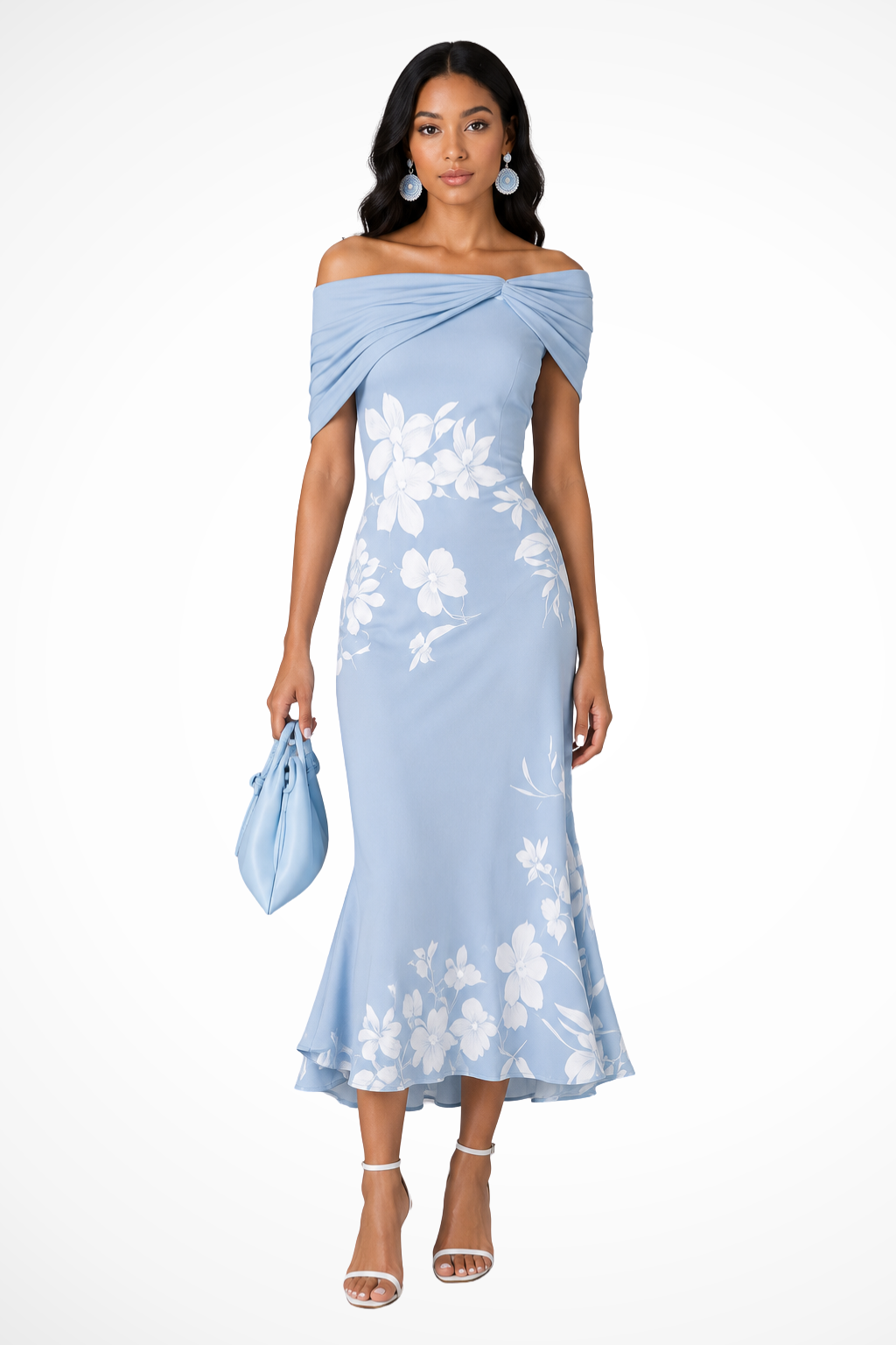 Women's off-shoulder midi dress with floral pattern | Elegant dress for wedding guests and summer parties | Floral off-shoulder design