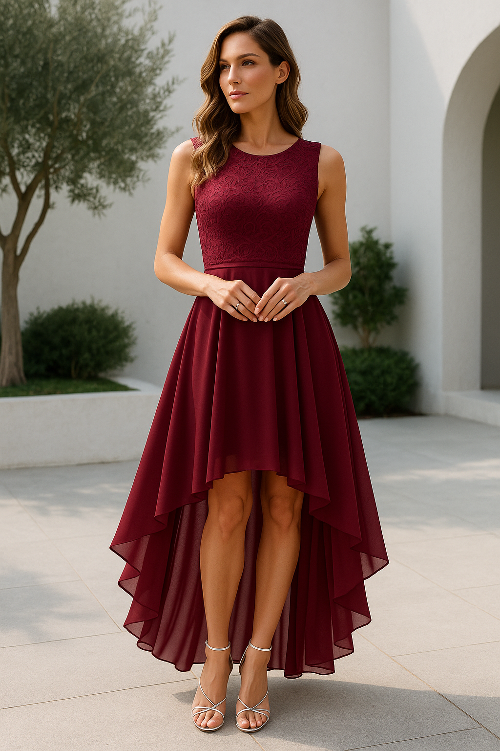 Women's Sleeveless Midi Dress with Asymmetric Hem | Elegant Fitted Summer Dress with Flowing Skirt for Special Occasions