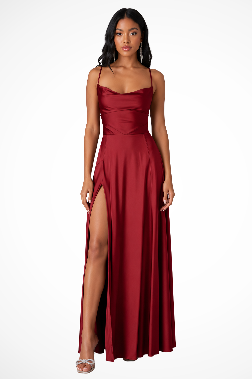 Women's satin maxi dress with waterfall neckline and side slit | Festive evening dress for wedding guests and events