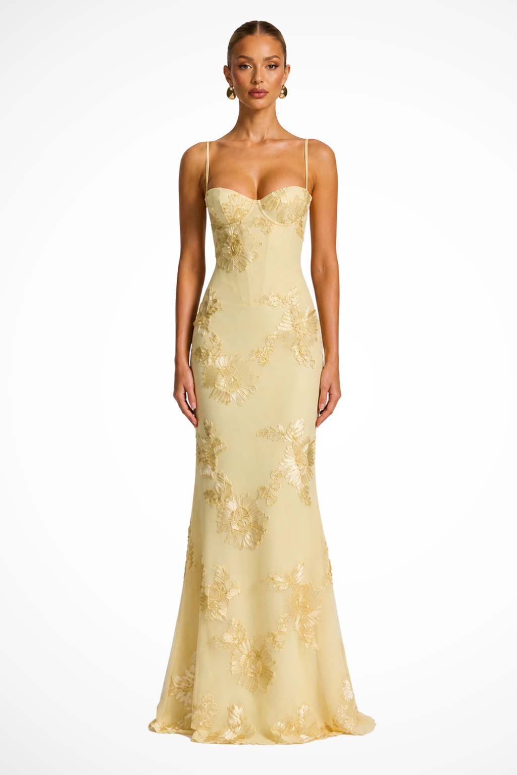Damen Maxikleid für Hochzeitsgäste mit floraler Stickerei und Corsage, festliches langes Kleid mit schmalen Trägern