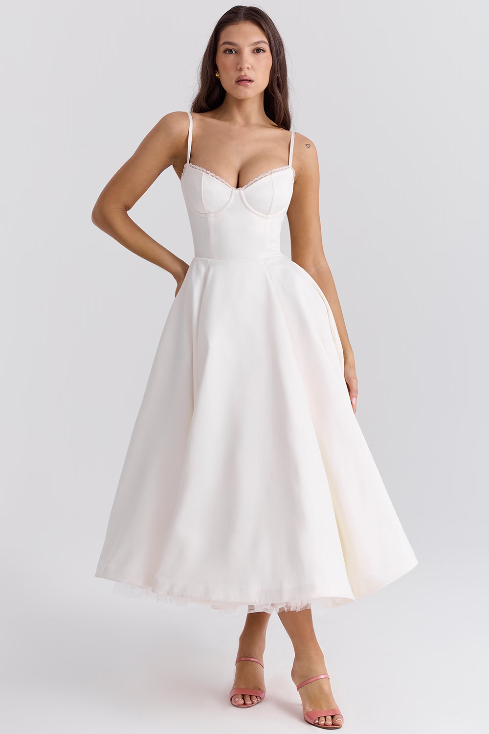 Women's midi dress with corset top and tulle skirt | Festive dress for wedding guests with sweetheart neckline and pockets