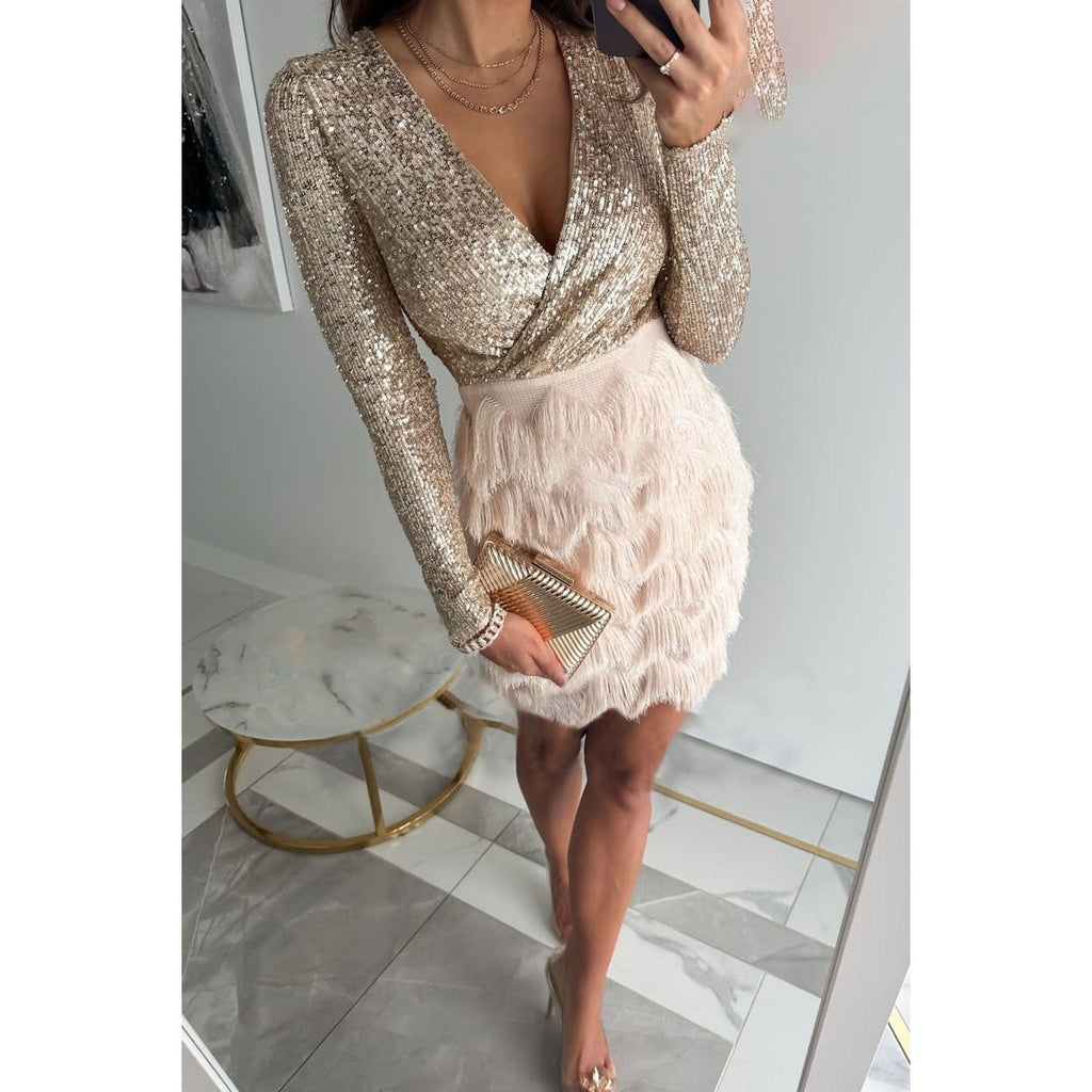Women's Glitter Mini Dress with Fringes | Long-Sleeve Party Dress for Events & Cocktail Evenings | Figure-Hugging Festive Dress