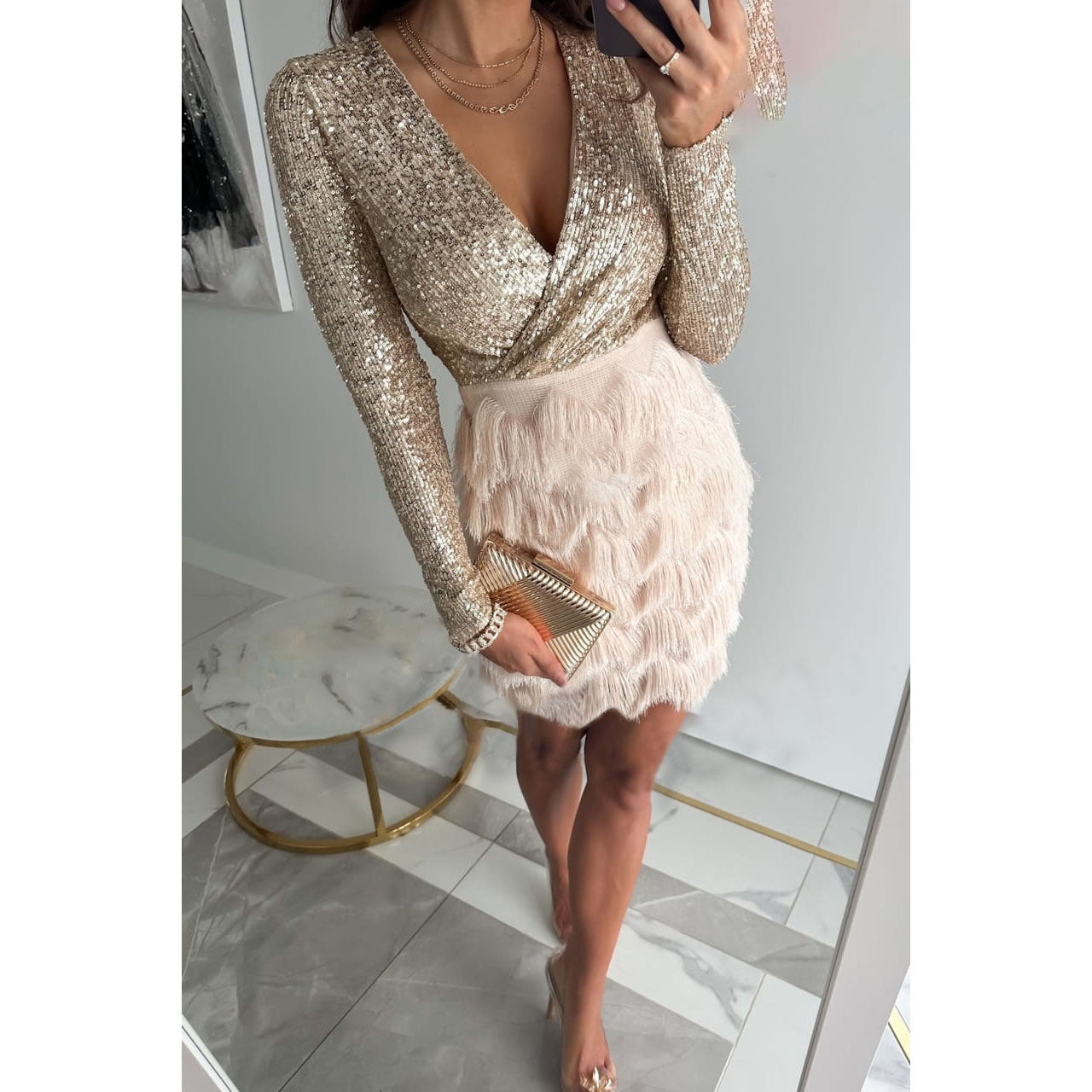Women's Glitter Mini Dress with Fringes | Long-Sleeve Party Dress for Events & Cocktail Evenings | Figure-Hugging Festive Dress