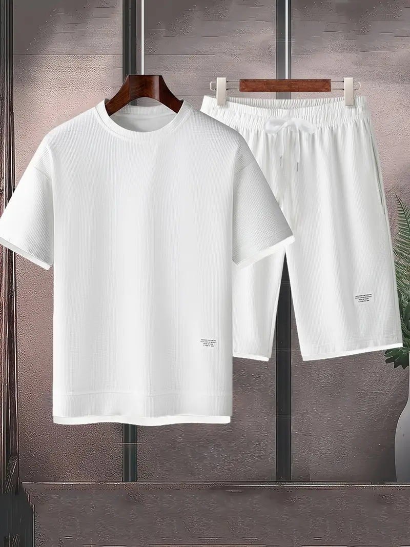Waffle Knit Set for Men | Short Sleeve T-Shirt and Shorts Two-Piece | Breathable Casual Set with Drawstring | Relaxed Fit