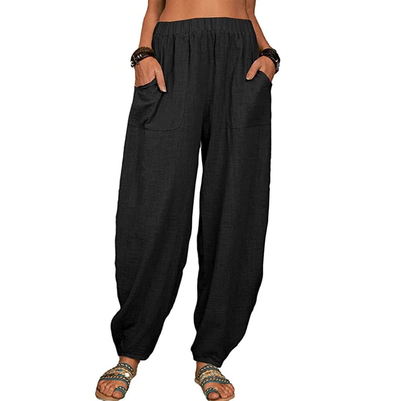 Leinenhose Damen mit Gummibund | Bequeme Haremshose aus Baumwolle-Leinen-Mix | Luftige Freizeithose mit Taschen für den Alltag