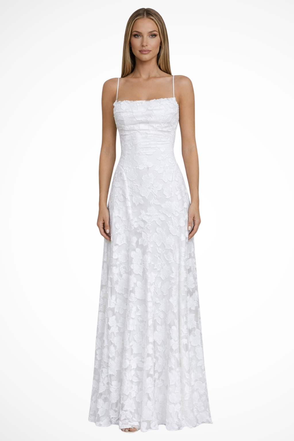 Women's Maxi Dress with Spaghetti Straps and Floral Jacquard | Backless Evening Dress with Lacing for Festive Occasions
