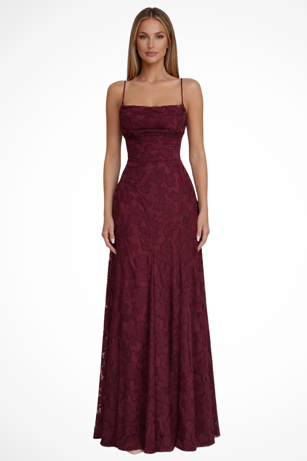 Women's Maxi Dress with Spaghetti Straps and Floral Jacquard | Backless Evening Dress with Lacing for Festive Occasions