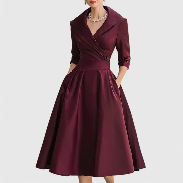 Classic Women's Wrap Dress with V-Neck | Elegant Midi Dress with 3/4 Sleeves and Practical Side Pockets