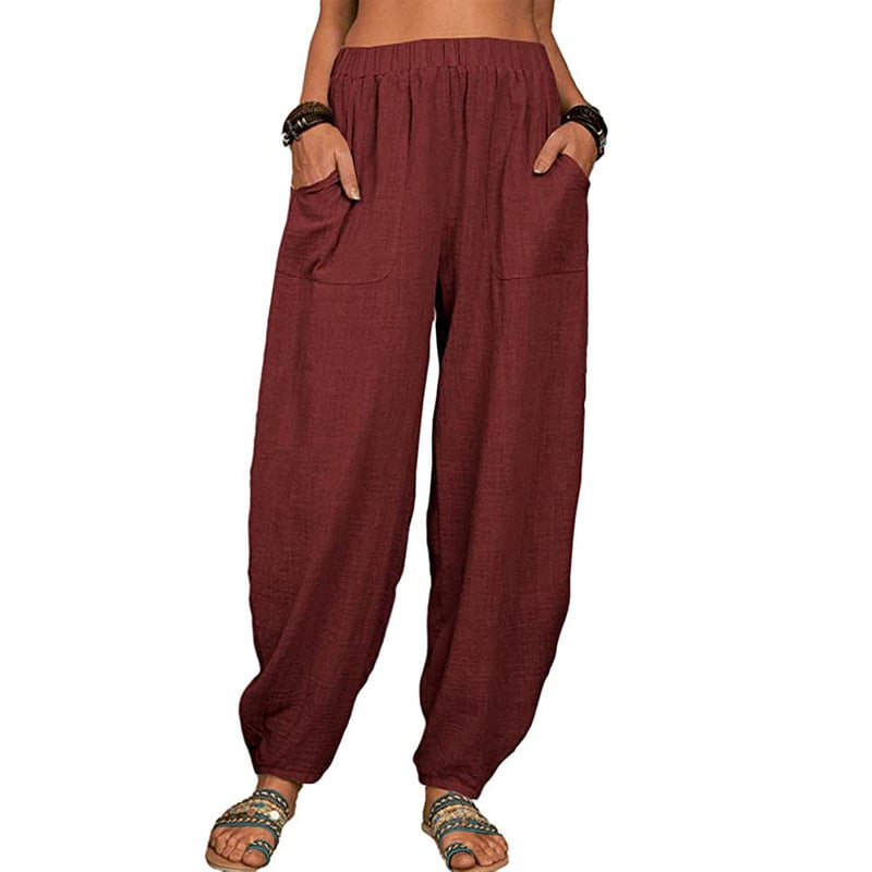 Leinenhose Damen mit Gummibund | Bequeme Haremshose aus Baumwolle-Leinen-Mix | Luftige Freizeithose mit Taschen für den Alltag