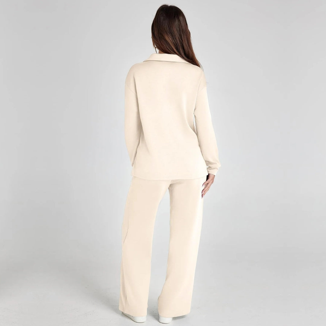Damen Loungewear Set mit V-Ausschnitt Pullover und Weit Geschnittener Hose | Bequemer Hausanzug für Alltag und Freizeit