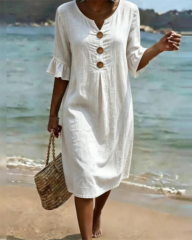 Women's Denim Dress | Loose Summer Dress with Button Placket | Comfortable Midi Dress with Half Sleeves and Round Neckline