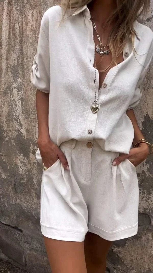Damen Sommer-Set Zweiteiler | Luftige Bluse mit Knopfleiste und passende Shorts | Bequemes Freizeit-Outfit für warme Tage