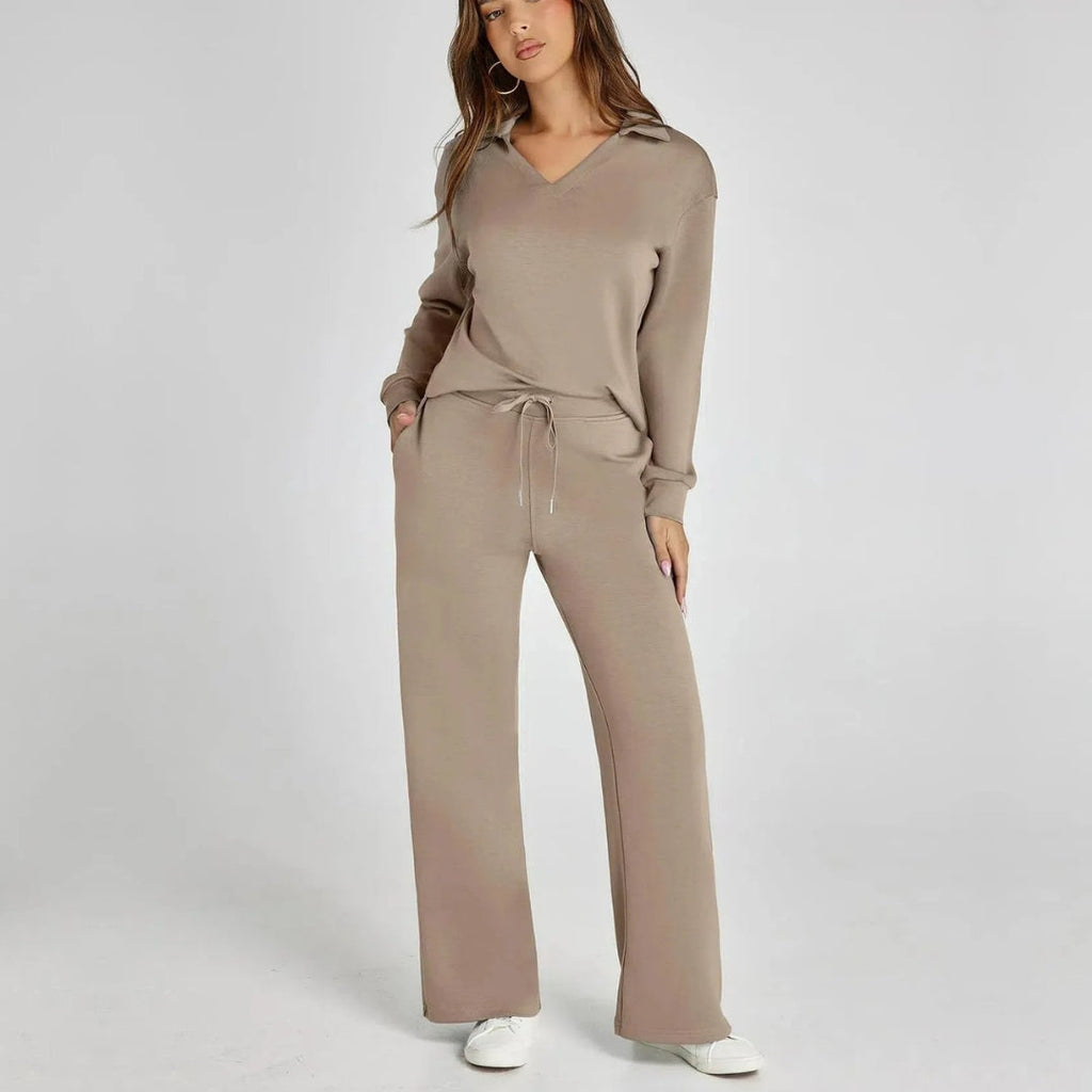 Damen Loungewear Set mit V-Ausschnitt Pullover und Weit Geschnittener Hose | Bequemer Hausanzug für Alltag und Freizeit