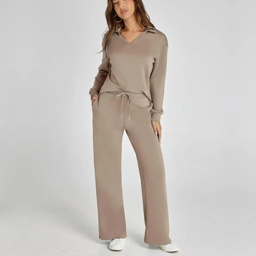 Damen Loungewear Set mit V-Ausschnitt Pullover und Weit Geschnittener Hose | Bequemer Hausanzug für Alltag und Freizeit