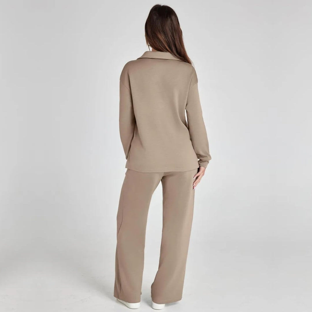 Damen Loungewear Set mit V-Ausschnitt Pullover und Weit Geschnittener Hose | Bequemer Hausanzug für Alltag und Freizeit