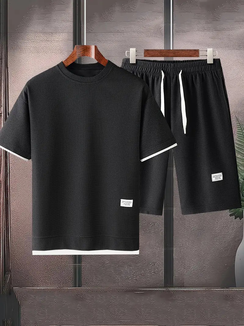 Waffle Knit Set for Men | Short Sleeve T-Shirt and Shorts Two-Piece | Breathable Casual Set with Drawstring | Relaxed Fit