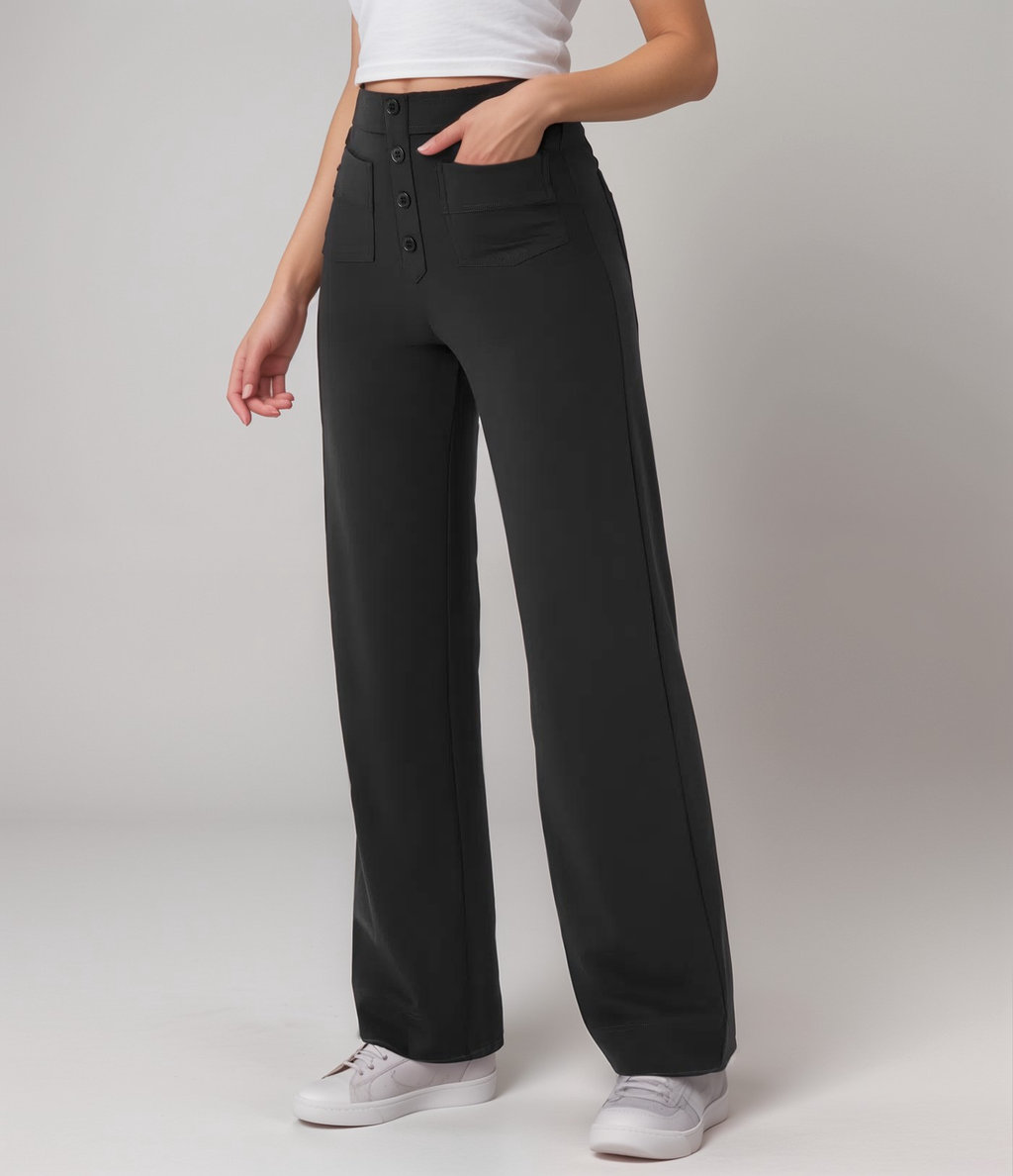Women's High Waist Pants | Elastic Sculpting Pants with Wide Legs | Comfortable Stretch Pants with Pockets and Shaping Effect