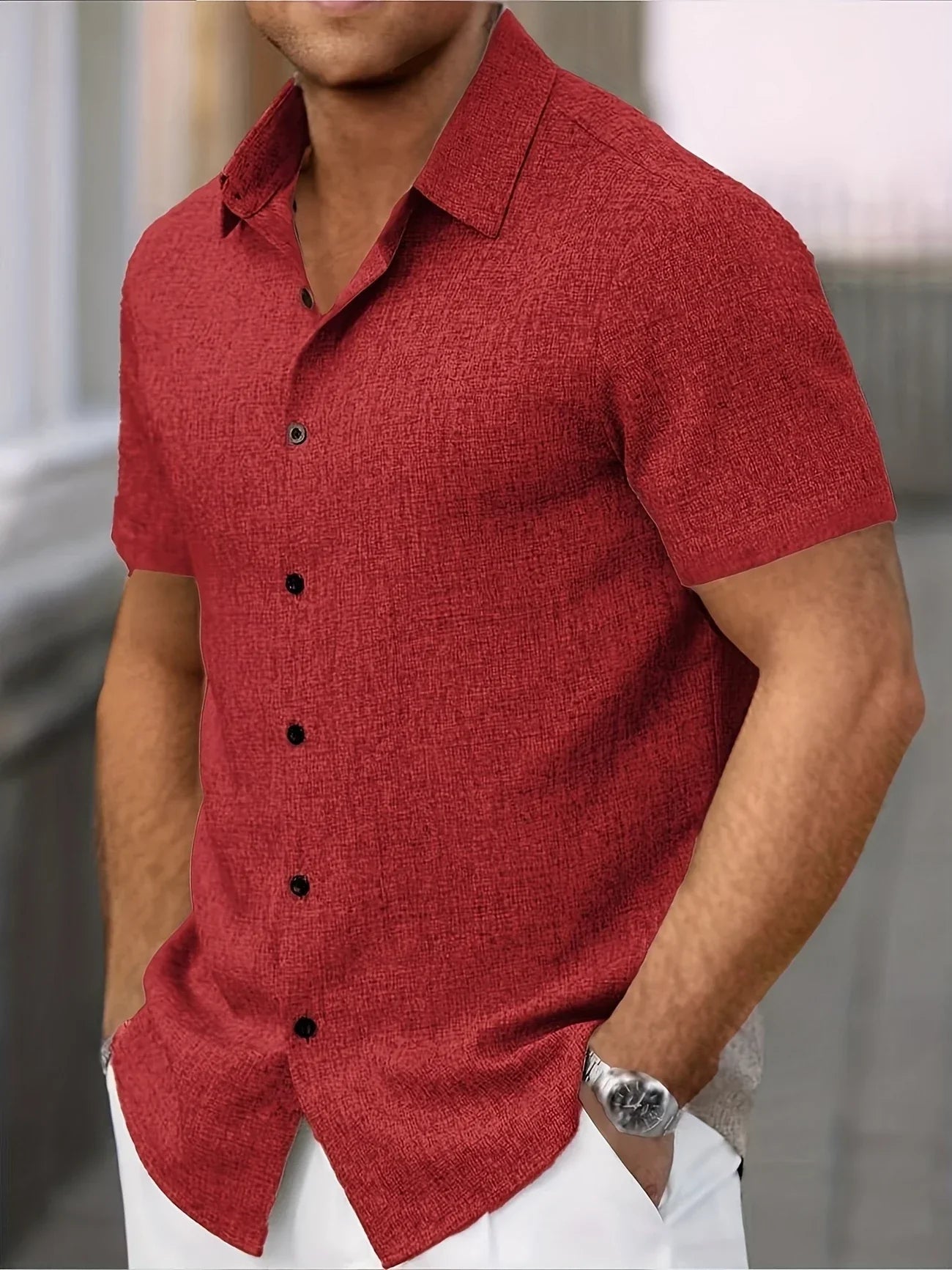 Men's Short-Sleeve Linen Shirt - Lightweight Summer Shirt Made from Linen Blend - Breathable Casual Shirt for Vacation and Everyday Wear