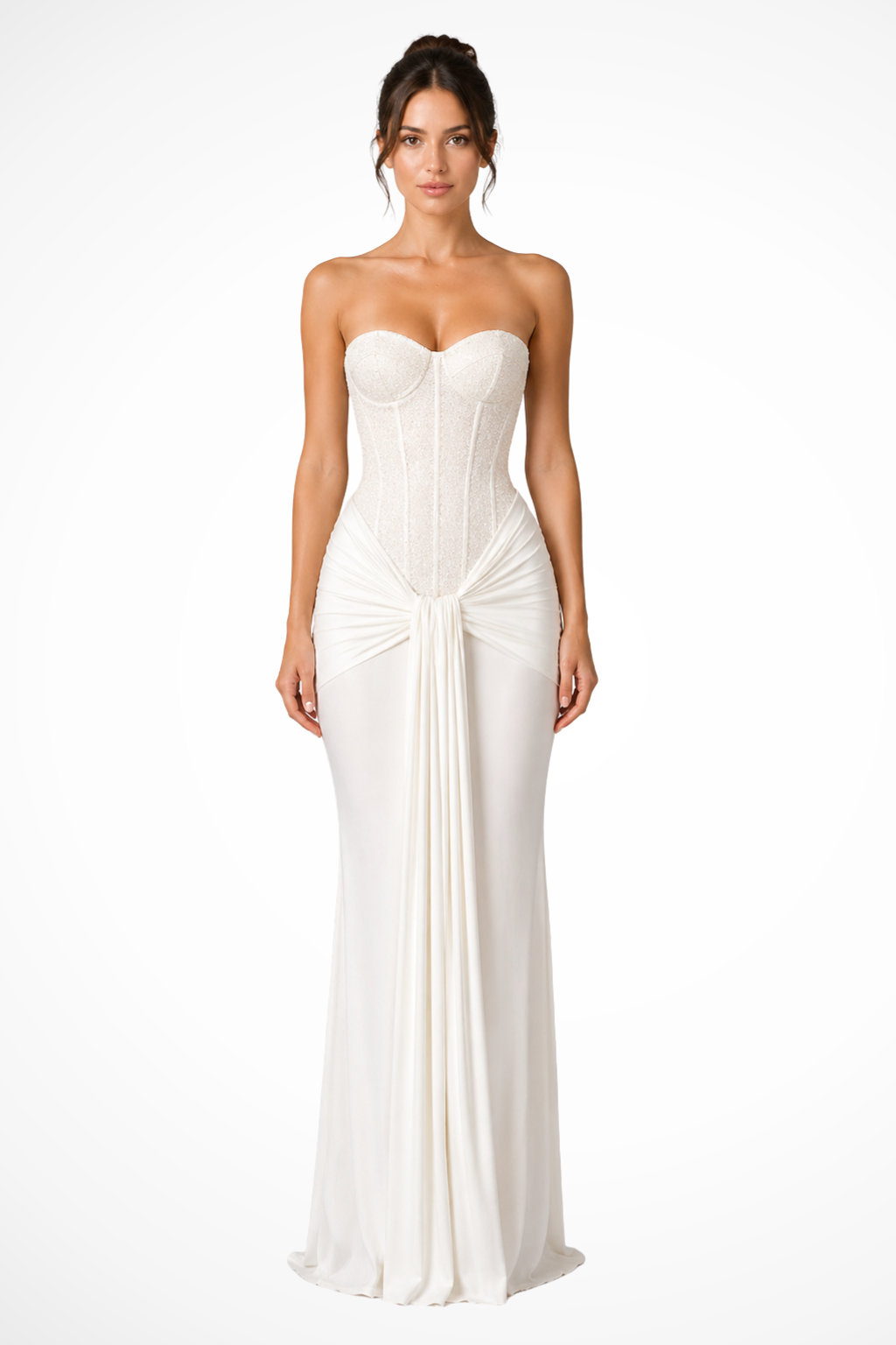 Damen Maxikleid für Hochzeitsgäste | Trägerloses Corsagenkleid mit Spitze und drapierter Optik | Festliches Abendkleid Bodenlang
