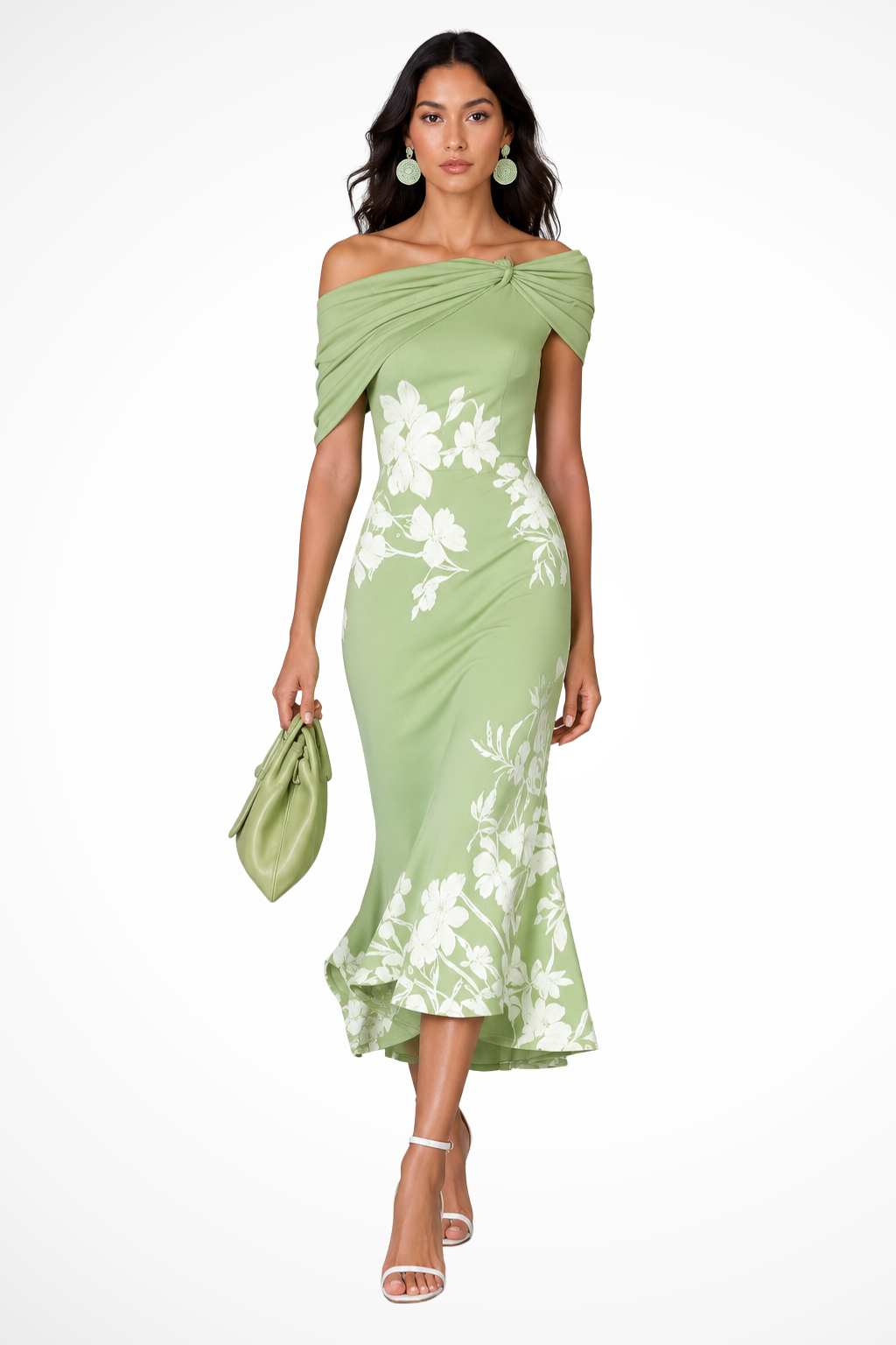 Schulterfreies Midi-Kleid mit Blumenmuster für Hochzeitsgäste | Festliches Damenkleid mit Carmen-Ausschnitt für Anlässe