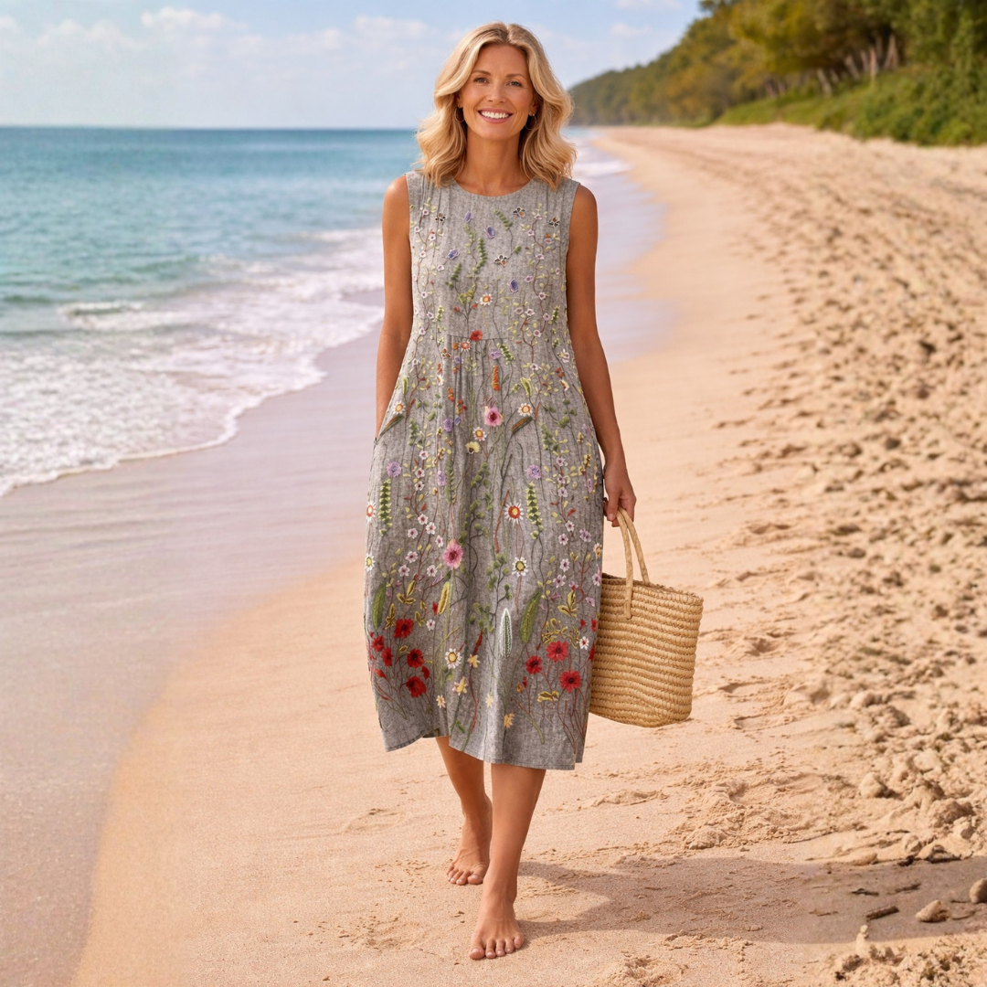 Damen Midi-Kleid mit Stickerei | Ärmelloses Sommerkleid in lockerer Passform | Bequemes Freizeitkleid mit Wildblumen