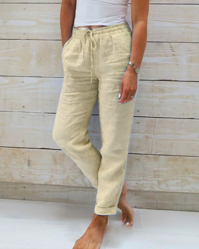 Damen Leinen-Baumwollhose mit elastischem Bund und Kordelzug