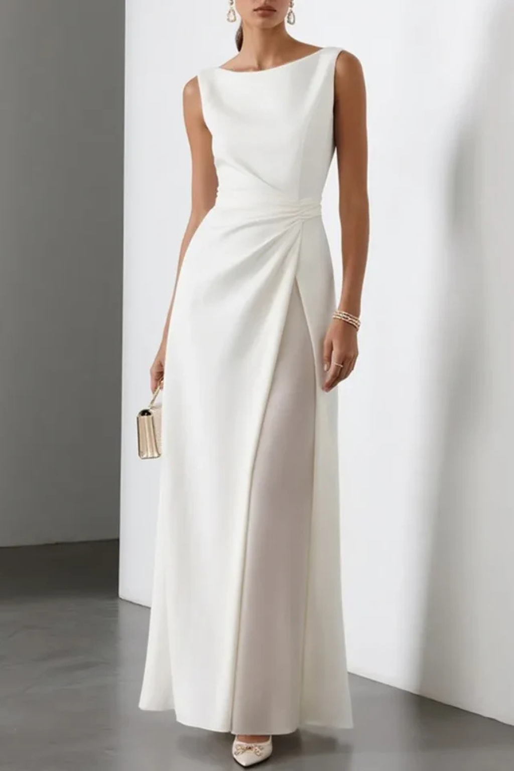 Ärmelloses Maxikleid für Damen - Elegantes Kleid für Hochzeitsgäste mit raffinierter Taillendrapierung und U-Boot Ausschnitt